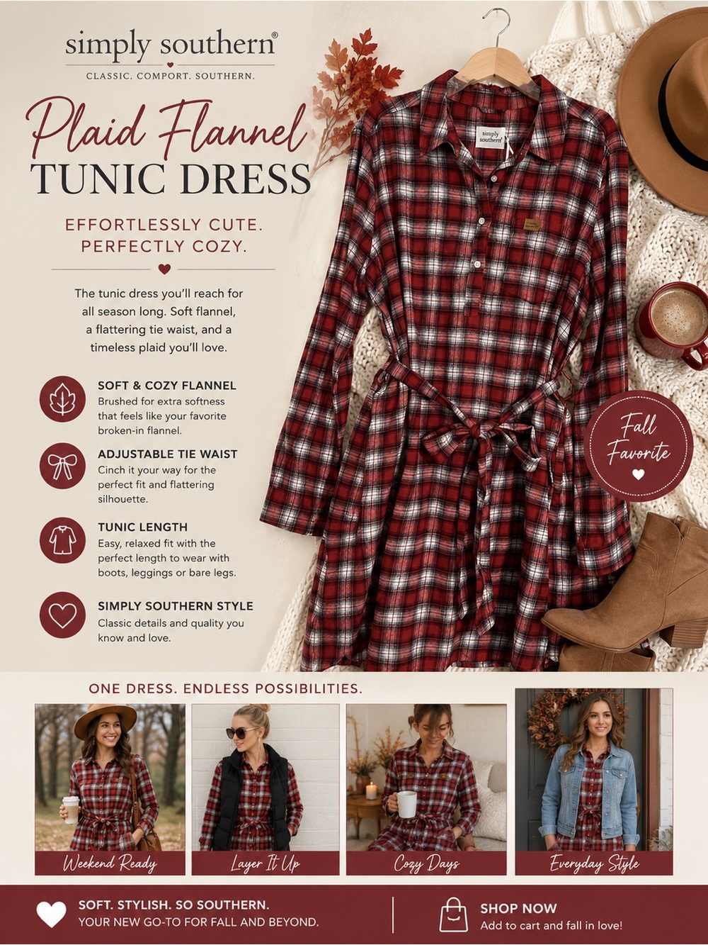 NWT Red Plaid Simply Southern Tunic Dress